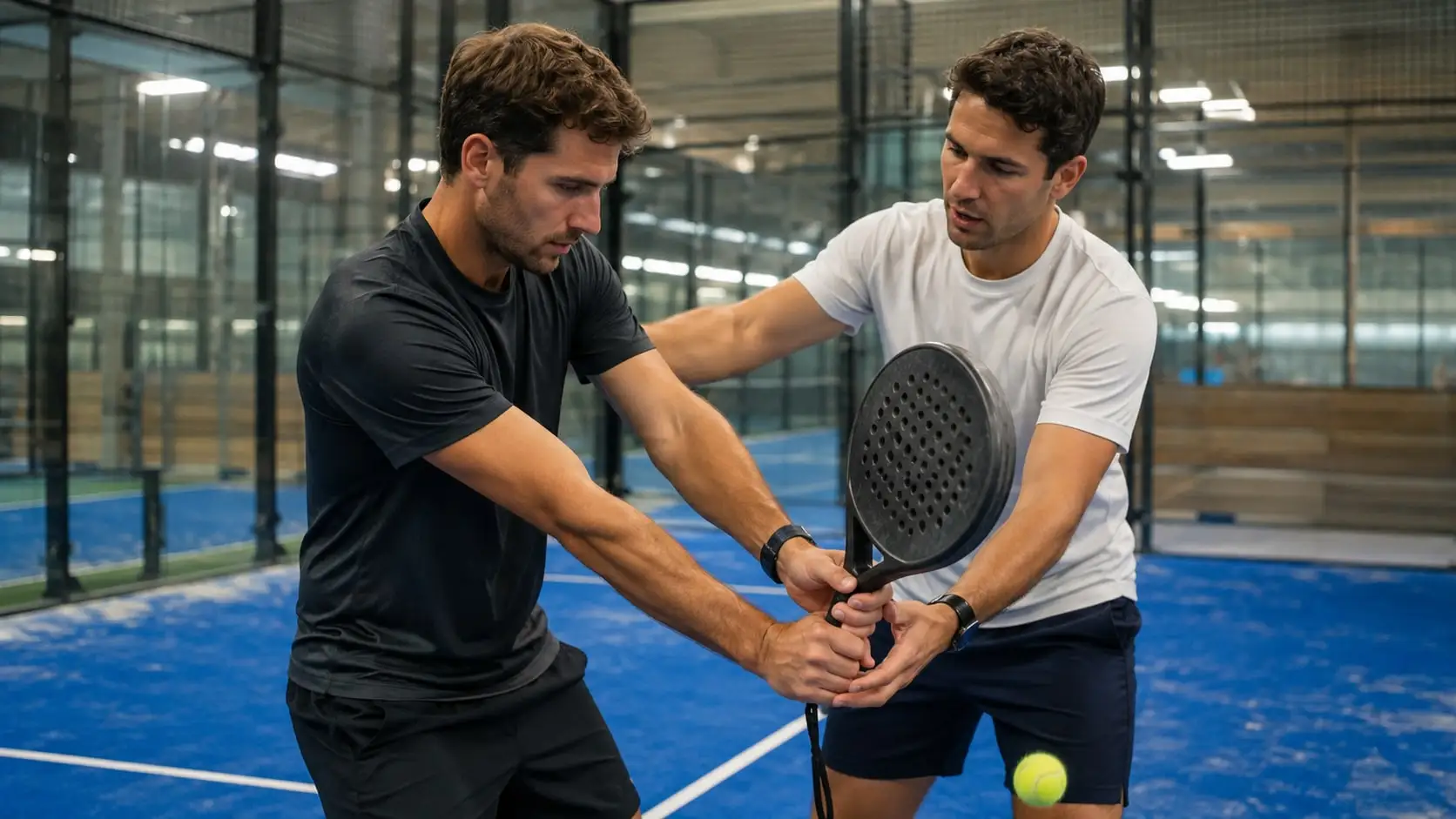 Coach correcting a player's grip on the racket