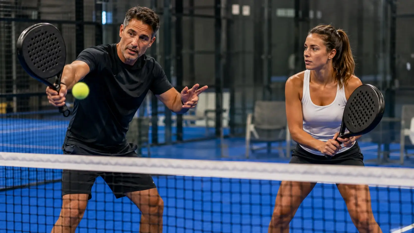 Coach and player hitting at the net during a point