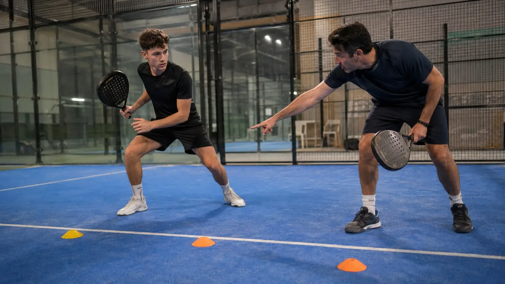 Two players in ready position during a footwork drill